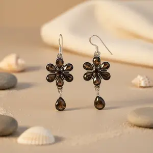 925 Silver Flower Earrings Smokey Quartz Gemstone Cute <b>Pendant</b> Drop Design for Wedding-Main Stones Include <b>Amber</b> Pearl Diamond - Product Image 3