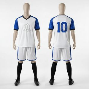 ชุดเล่นฟุตบอลผ้าโพลีเอสเตอร์สำหรับผู้ชายเสื้อทีมฟุตบอลผ้าแร็กแลนสองโทนสีขาวและน้ำเงินแบบกำหนดเอง - Product Image 1