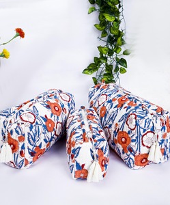 Multi-Color Floral Block Print Cotton <b>for</b> Bag Set Handmade Eco-Friendly Large Water Resistant Zipper Closure Vintage Case - Product Image 3