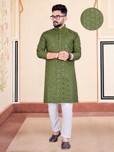 Kurta de algodón puro para hombre multicolor de desgaste indio-pakistaní con espejo bordado trabajo con parte inferior - Product Image 3
