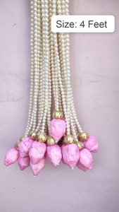 Brotes de loto de madera Sola colgantes con cadena de perlas guirnalda de Festival de cuentas blancas, Diwali Navratri boda Mandir decoración de pared regalos - Product Image 4