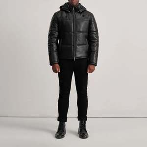 Gordon Casual Black <b>Sheepskin</b> Hooded Puffer <b>Jacket</b> with Standing Collar Zippered Embroidered Water-Proof Size XS ODM Supply - Product Image 3