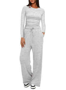 Ensemble de vêtements de sport décontractés pour femmes, couleur unie, haut à manches longues, pantalon large taille haute, tissu tricoté, écologique, imperméable, USA - Product Image 4