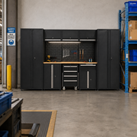 Banc de travail industriel de 3300 mm avec armoires à outils verrouillables, tiroirs et panneau perforé, système de rangement personnalisé en acier SPCC