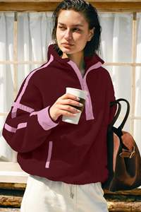 Cheap Price Wholesale Women's Winter Half Zip <b>Sherpa</b> Fleece Pullover Soft Oversized Sweatshirt with Pockets Front Logo - Product Image 4