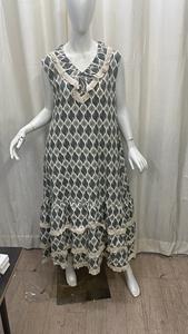 Mujer elegante encaje estampado solapa Maxi nuevo diseño sin mangas de un solo pecho 100% algodón cintura Natural lavable tejido - Product Image 3