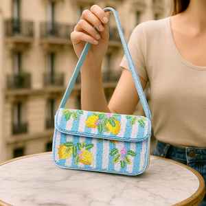 Bolso de hombro de lujo hecho a mano con estampado de limones y cuentas para mujer, bolso tipo baguette con solapa a rayas azul claro para vacaciones de verano. - Product Image 1
