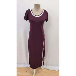 Vestido Largo de Viscosa Blanco con Cuello Redondo y Manga Corta para Mujer, con Detalle de Abertura Lateral, 35593 - Borgoña - Product Image 3