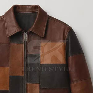 Veste en cuir patchwork de style motard pour homme avec panneaux structurés et détails zippés Veste en cuir patchwork moderne pour homme - Product Image 5