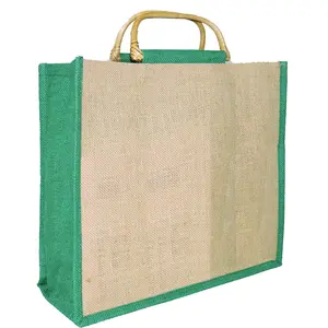 Jute tote large shopping bag with cane handle green gusset no printing bag manufactured in India West Bengal