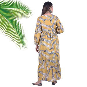 Vestido largo de algodón con estampado de bloques para mujer, prenda de manga larga, holgada, ajustada, para verano - Product Image 4