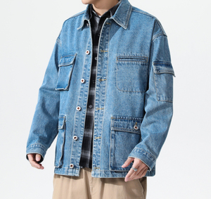Custom Cargo Pockets Men <b>Denim</b> Jacket 100% Cotton Vintage Washed High Street Embroidery Men Zip up Plus Size <b>Denim</b> Jacket <b>Coat</b> - Product Image 4