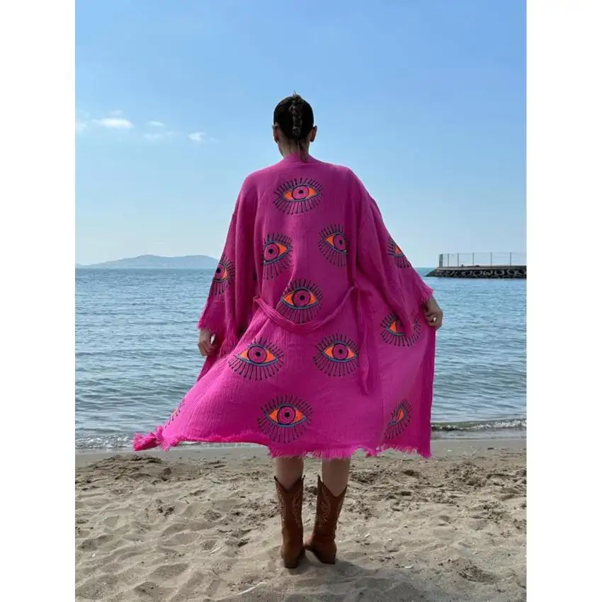 2024 Frühjahr neue Damenbekleidung Sommer Boho-Stil Schlussverkauf leichte Baumwolle rosa böse Augen bestickt langärmliger Boho Kimono