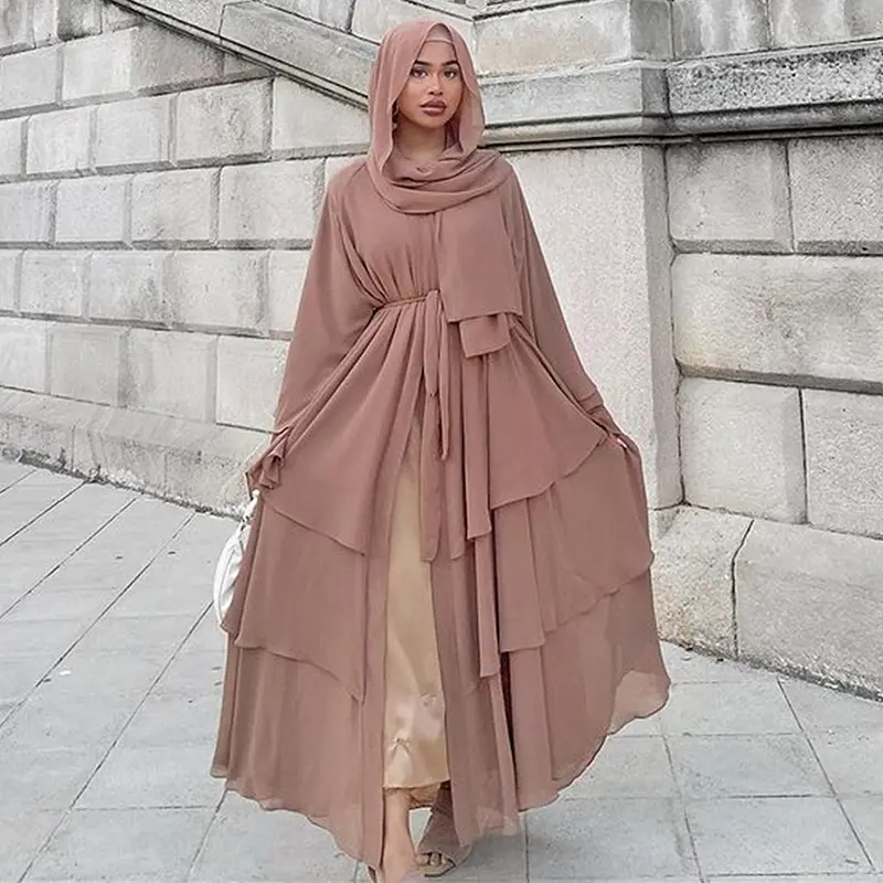Middle East Female Islamic Ethnic Clothing Dubai Muslim 3 Layer Chiffon Cardigan Long Abaya Dress for Women