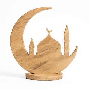 Decoración de mezquita de luna creciente de plata cepillada, pieza de exhibición islámica de Ramadán Eid, arte de mesa musulmán moderno con base redonda de madera - Product Image 5