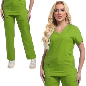 Unisex Multicolor cuello pico manga corta paño aguja-Detección Scrub enfermera Top pantalones conjuntos con accesorios para mascotas uso hospitalario - Product Image 1