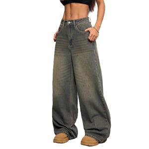 Pantalon en denim délavé vintage européen Fournisseur de gros Pantalon en denim taille haute à jambes larges avec logo personnalisé pour femmes - Product Image 2
