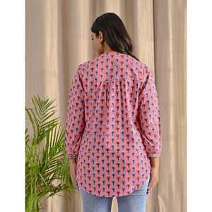 Blusa de Mujer con Estampado Floral Rosa, Corte Holgado, Popelina de Algodón Butti, con Cuello de Lazo, Botones Frontales, Largo, Talla XL, para Primavera/Verano - Product Image 3