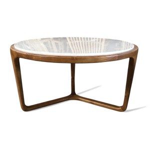 Table basse ronde en teck de style nordique du milieu du siècle avec plateau en marbre blanc, table de salon de luxe pour hôtel, villa - Product Image 1