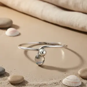 Women's 925 <b>Silver</b> Ball Bangle <b>Bracelet</b> Minimalist <b>Pearl</b> Jewelry - Product Image 3