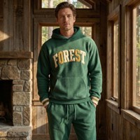 Ensemble de survêtement vintage en molleton épais écologique imprimé vert forêt, délavé à l'acide, avec patch lettre en chenille pour homme