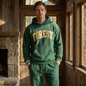 Custom Forest <b>Green</b> Heavyweight Fleece Acid Wash Vintage Tracksuit Set <b>Men's</b> Chenille Letter Patch Embroidery Hoodie Ribbed - Product Image 3