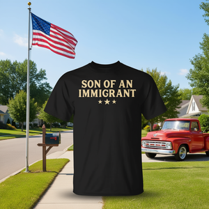 T-shirt patriotique vintage américain « Fils d'immigrant » avec motif audacieux sur le thème des États-Unis – Vêtements promotionnels pour hommes - Product Image 3