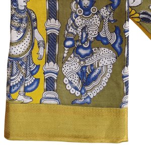 Sari de algodón Kalamkari azul mostaza con estampado étnico indio dibujado a mano, estilo Bollywood de seda pesada, largo, para festivales y fiestas. - Product Image 3
