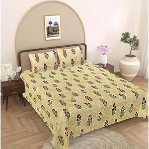 Beige & Green Floral 240 TC 100% Cotton Bedsheet Set Super <b>King</b> <b>Size</b> with 2 Pillow Covers 3-Piece Set (SHKV1075) - Product Image 1