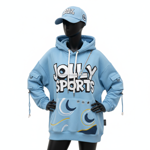 Premium 350 GSM algodón polar mujer Sudadera con capucha cielo azul chenilla bordado 3D Puff Logo diseño personalizado mujeres básicas sudaderas con capucha - Product Image 1