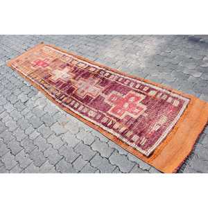 2.7x10.2 ft Rug, Vintage Herki Rug, Turkish <b>Red</b> <b>Wool</b> Bordered Rug - Product Image 2