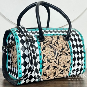 Nuevo Bolso de Viaje de Cuero Repujado a Mano 2025, Estilo Occidental, Patrón a Cuadros Blanco y Negro, Bolsos de Viaje de Lujo Hechos a Mano para Mujer - Product Image 1