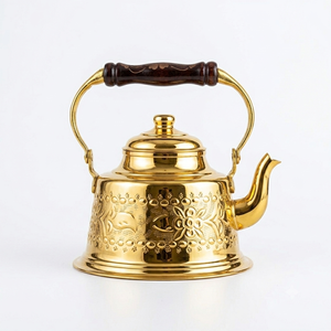 Amazing Metal Tea Kettle With Wooden Handle And Lid Round Design For Kitchen Use Handmade <b>Teapot</b> On Sale - Product Image 4