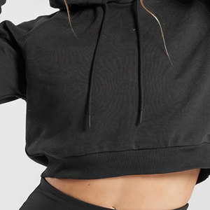 Couleur noire femmes haut court capuche Logo personnalisé femmes coton cordon ourlet yoga haut court à capuche pour Femme - Product Image 6