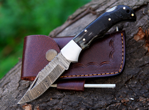 Couteau à lame pliante pour homme Bushcraft Skinner tactique Corne de taureau en acier damassé forgé avec gaine Cadeau de chasse de camping pour lui - Product Image 6