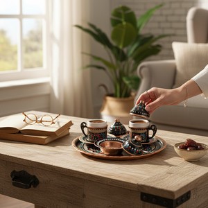 ชุดถ้วยคุณภาพสูงสำหรับ 2 คน ทำจากทองแดงเคลือบเงา งานฝีมือเออร์ซินแคน ดีไซน์คลาสสิก ถ้วยเหล็กพิมพ์ลาย สำหรับกาแฟ ภาชนะใส่อาหาร - Product Image 1