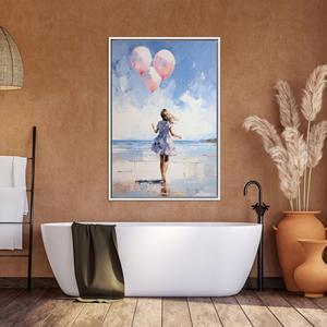 Decoración en lienzo impreso: Niña con globos rosas - Impresión de arte moderno, enmarcado en blanco - Product Image 1