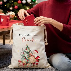 Personalized Large <b>Canvas</b> <b>Drawstring</b> Gift <b>Bag</b> Santa Claus Christmas Tree Theme Name Title for Family Friends' Gifts Christmas - Product Image 5