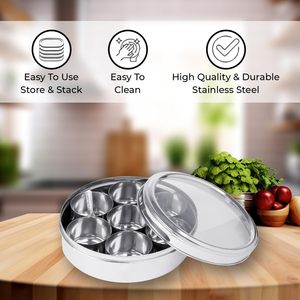 Vente en gros Fabricant Masala Dabba Boîte à épices Masala en acier inoxydable transparente avec couvercle en verre pour cuisine 9 récipients Casier à épices - Product Image 6