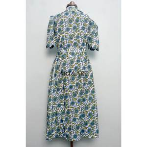 Vestido Midi de Algodón Indio con Estampado Artesanal, Cuello en V, Manga Corta, Silueta en A, para Fiesta, Playa, Verano - Product Image 6