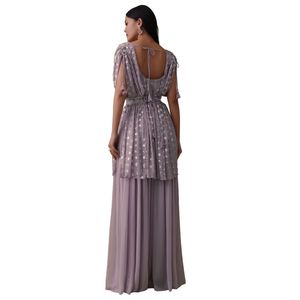 All'ingrosso donna abbigliamento etnico OEM fornitore di abbigliamento personalizzato Set Top Palazzo color lavanda viola In Georgette con paillettes - Product Image 6