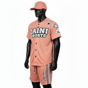 Ensemble short de baseball pour homme en tissu maille polyester premium respirant couleur pêche avec logo personnalisé en twill pour homme - Product Image 4