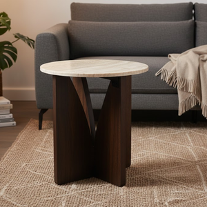 Table d'appoint en travertin Bowen |   Table d'appoint en pierre naturelle |   Table d'appoint moderne de luxe pour salon, chambre à coucher, hôtel - Product Image 1