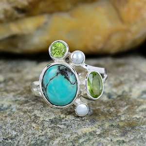 Handmade Sterling Silver Turquoise Peridot <b>Pearl</b> Ring Boho Crystal <b>Jewelry</b> Unique Gemstone Ring - Product Image 1