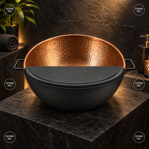 Bol à pédicure rond en cuivre avec extérieur noir et deux poignées - Product Image 4