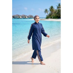 Maillot de bain trois pièces modeste bleu marine à imprimé léopard avec fermeture éclair, style burkini, avec soutien-gorge push-up et pantalon, pour la plage et la baignade - Product Image 4