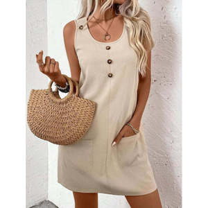 Vestido Corto con Tirantes y Cuello Redondo para Mujer, con Cierre de Botones Delanteros y Detalle de Bolsillo, 36817 - Beige - Product Image 1