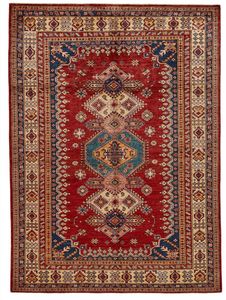 Tapis en laine moderne kazakh rouge et ivoire, fait à la main, écologique, design élégant, motif géométrique, poils moyens, pour la décoration intérieure - Product Image 2