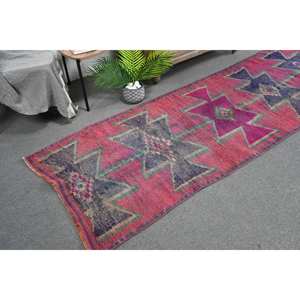 Tapis Vintage Turc Bohème Rose Bleu 2,9X8,7 pieds Grande Surface Patchwork Laine avec Support en Latex pour Couloir ou Chambre - Product Image 1