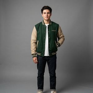 Veste universitaire premium verte en laine avec manches en cuir, col et poignets en tricot côtelé, fermeture à boutons-pression, logo personnalisé, streetwear, vêtement d'extérieur - Product Image 1